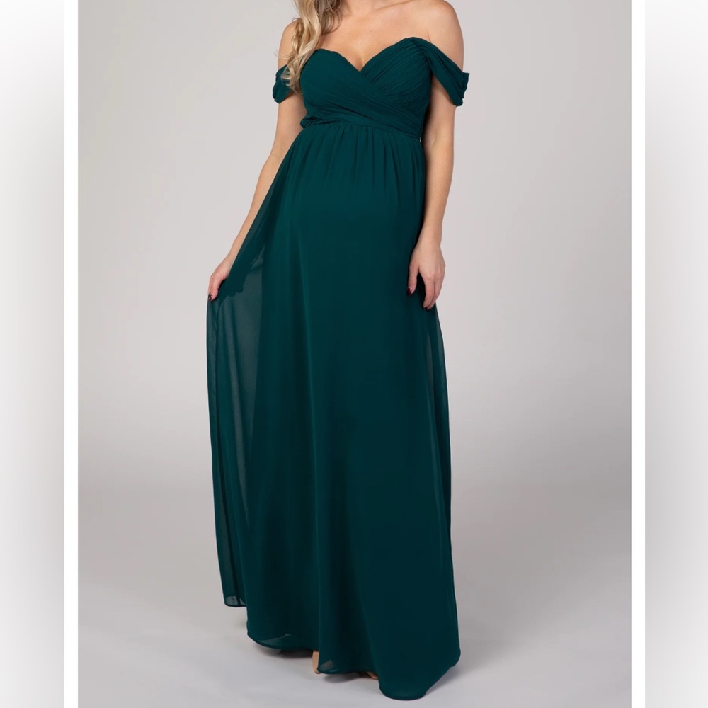 PinkBlush Forest Green Off Shoulder Chiffon Maxi Maternity Dress